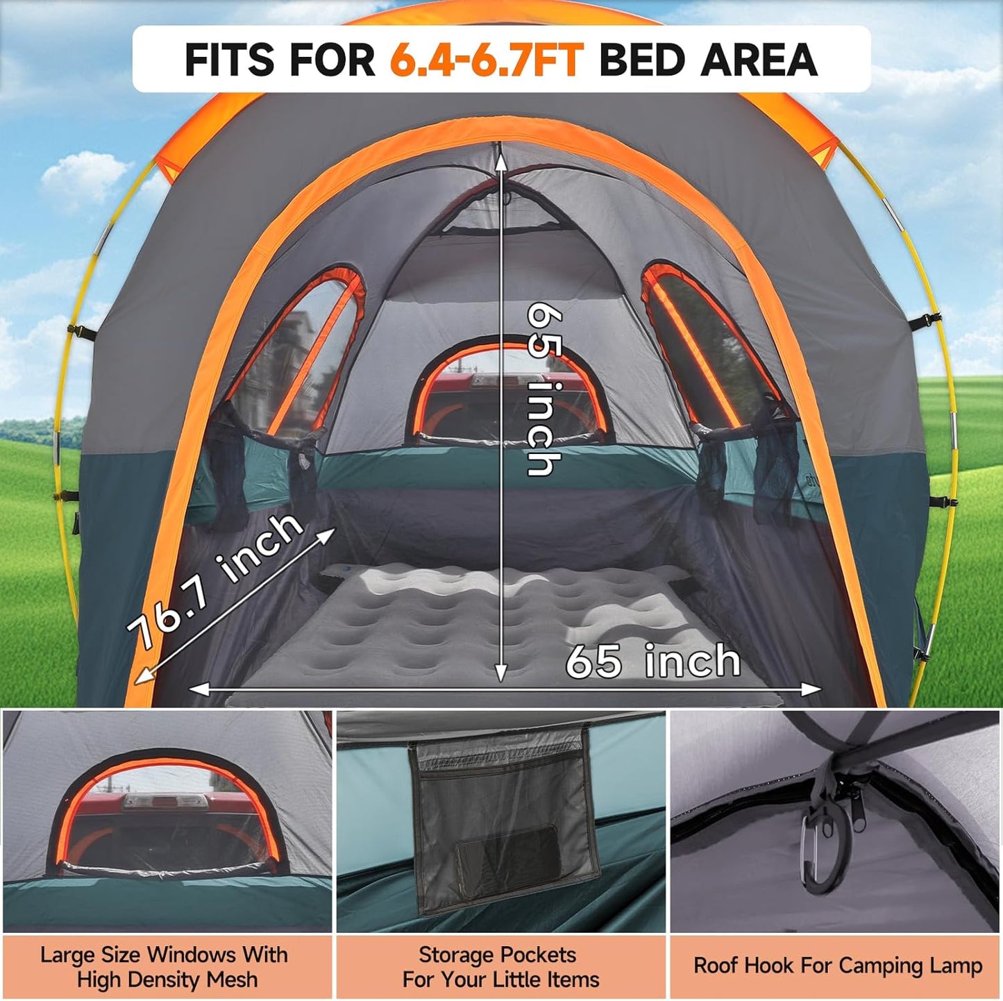 Umbrauto Truck Bed Tent with Awning — Fits 6.4–6.7 ft Truck Beds | PU3000mm Waterproof Pickup Tent