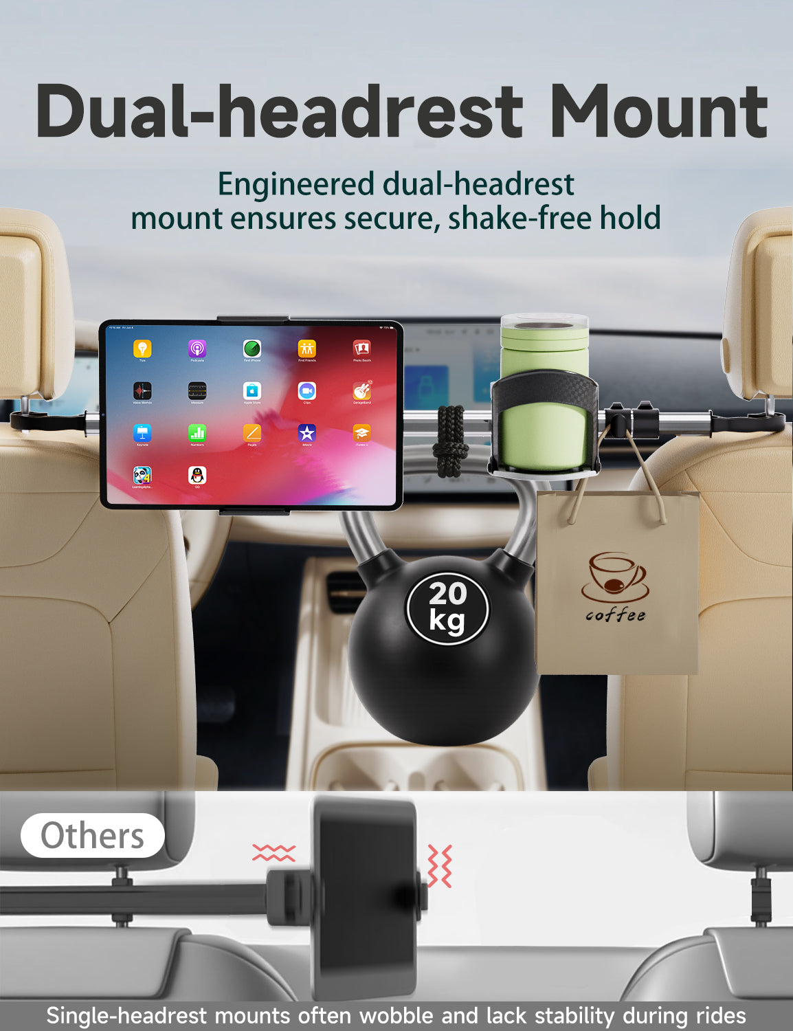Upgraded Car Backseat Tablet Holder with Cup Mount – Headrest Stand for 6.1″–11″ iPad, Galaxy Tab & Kindle Fire