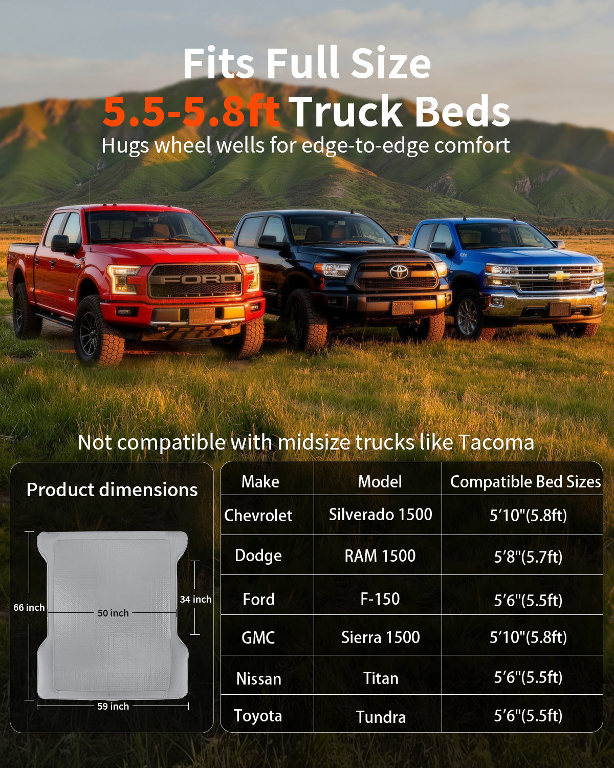 Umbrauto Upgraded Truck Bed Air Mattress for Full Size Short Beds 5.5-5.8ft, Drop-Stitch Tech with Built-in Pump, Heavy Duty Silent Inflatable Tent Bed for Outdoor Camping