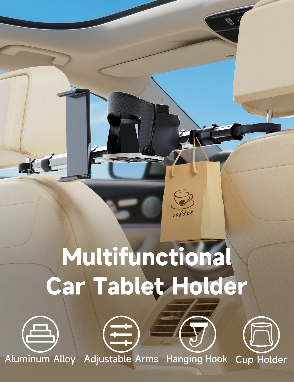 Upgraded Car Backseat Tablet Holder with Cup Mount – Headrest Stand for 6.1″–11″ iPad, Galaxy Tab & Kindle Fire