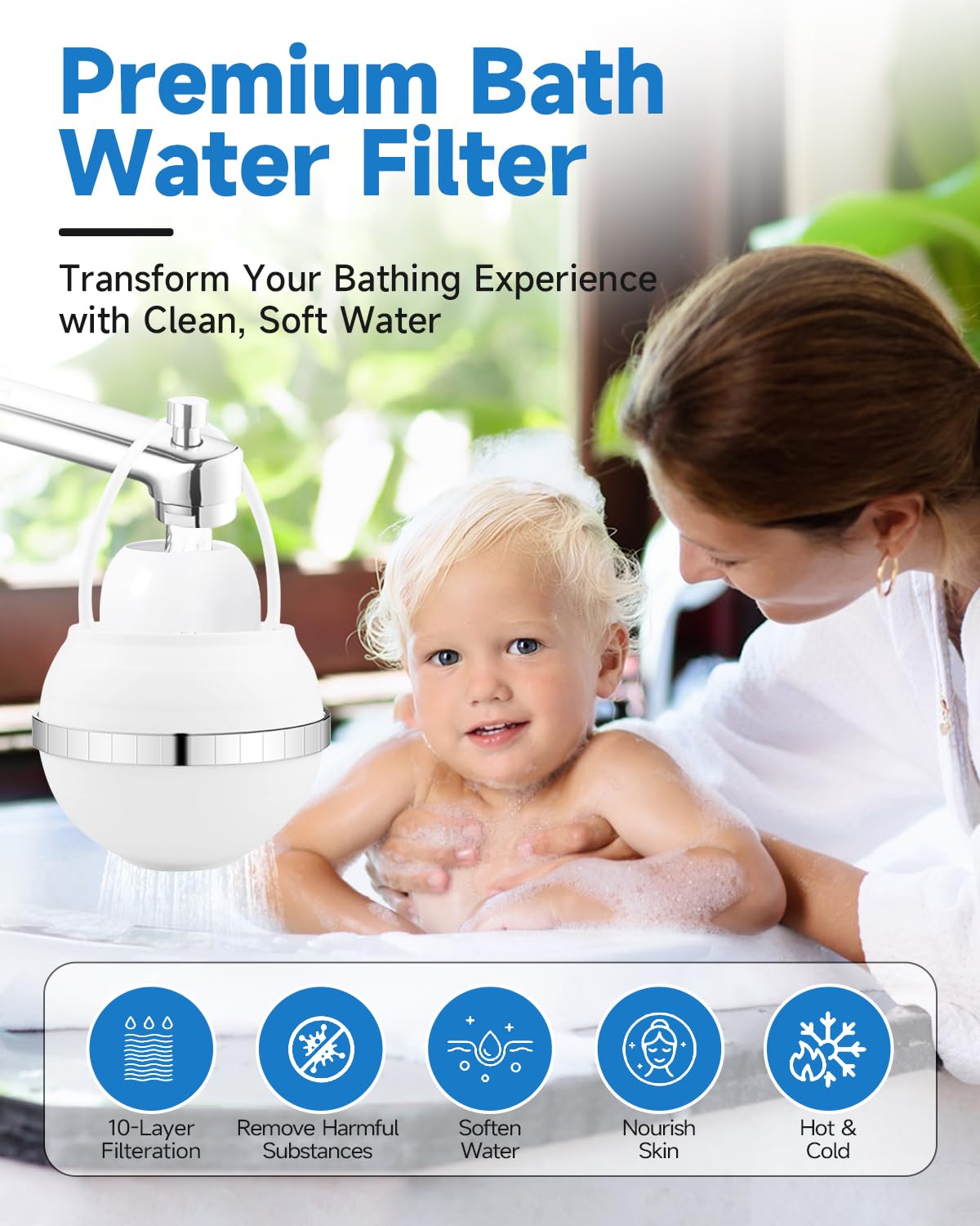 Bathtub Faucet Water Filter – Removes Chlorine & Fluoride, Softens Water