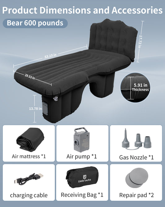 Umbrauto Back Seat Car Air Mattress with Built-in Rechargeable Pump: Cordless Inflatable Car Bed for Rear Seat Camping, 1-Click Fast Setup Thickened Flocking Sleeping Pad for Sedan, Truck & SUV