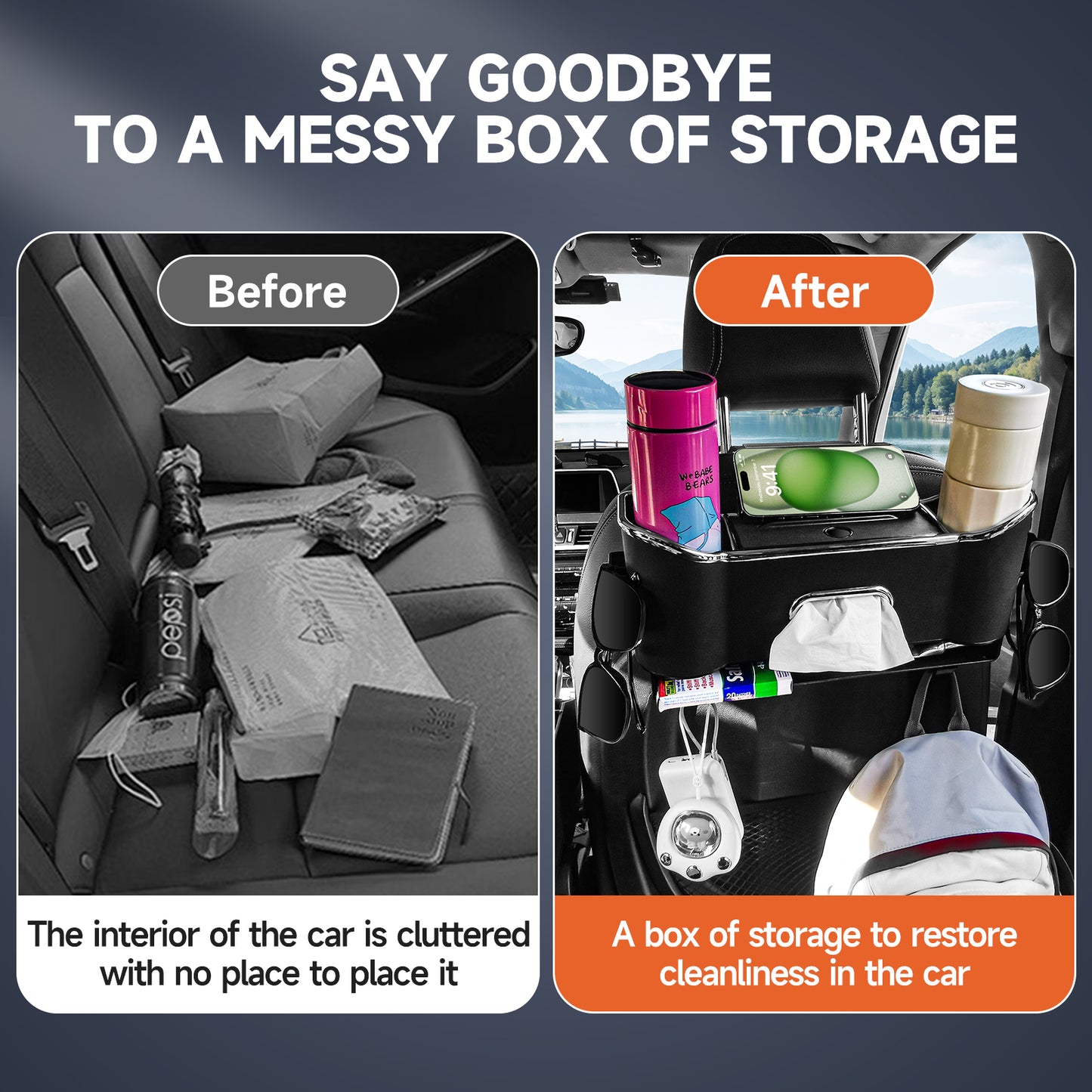 Car Seat Back Storage Box, Multifunctional Headrest Backseat Organizer with Tissue Box, Cup Holders, Hooks, Rear Seat Ideal for Kids and Travel