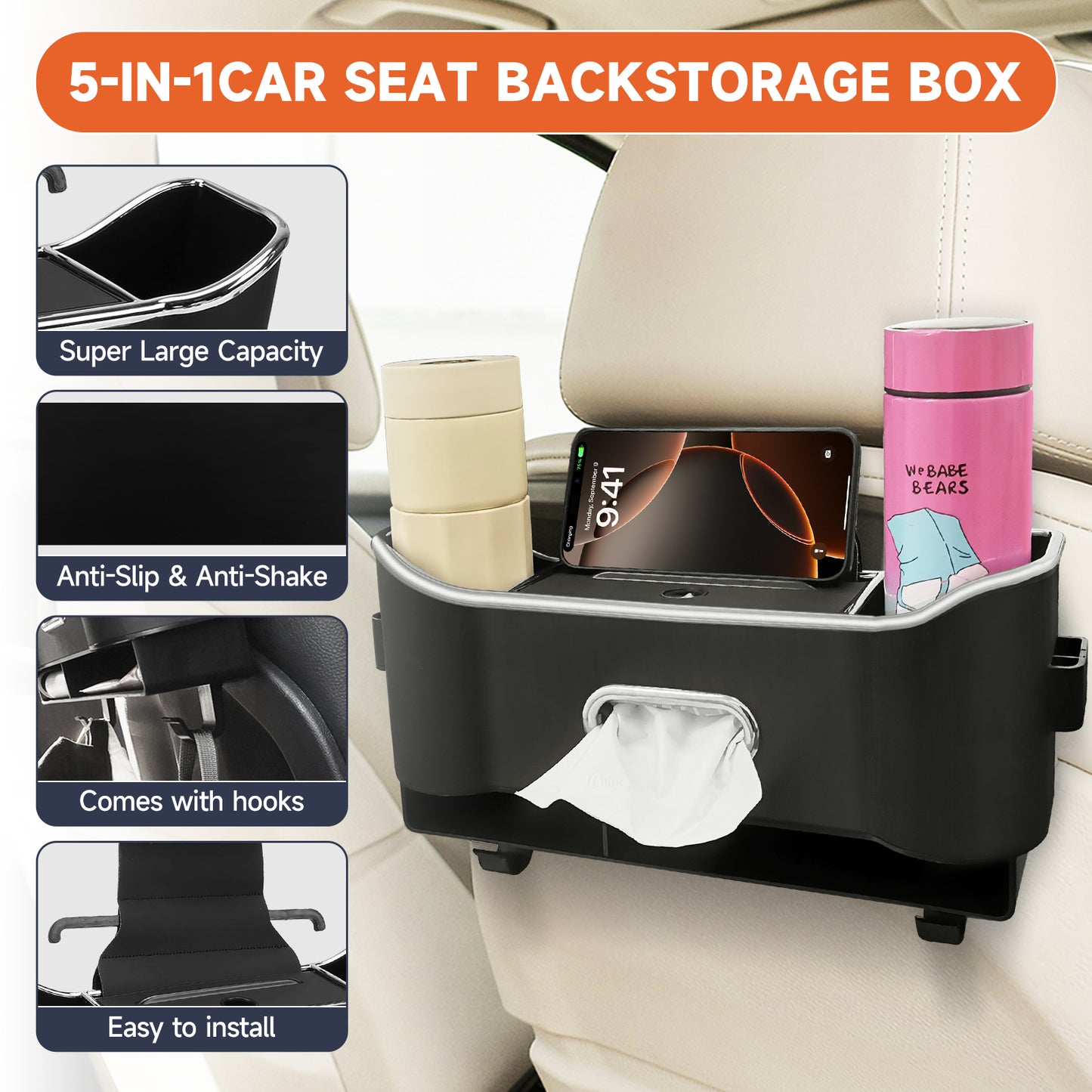 Car Seat Back Storage Box, Multifunctional Headrest Backseat Organizer with Tissue Box, Cup Holders, Hooks, Rear Seat Ideal for Kids and Travel