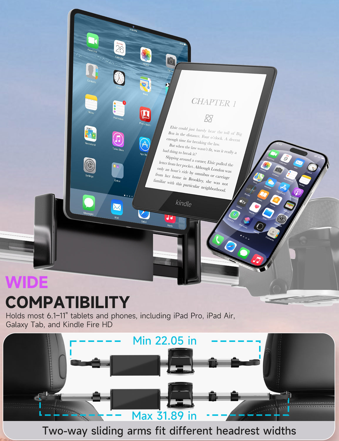 Upgraded Car Backseat Tablet Holder with Cup Mount – Headrest Stand for 6.1″–11″ iPad, Galaxy Tab & Kindle Fire
