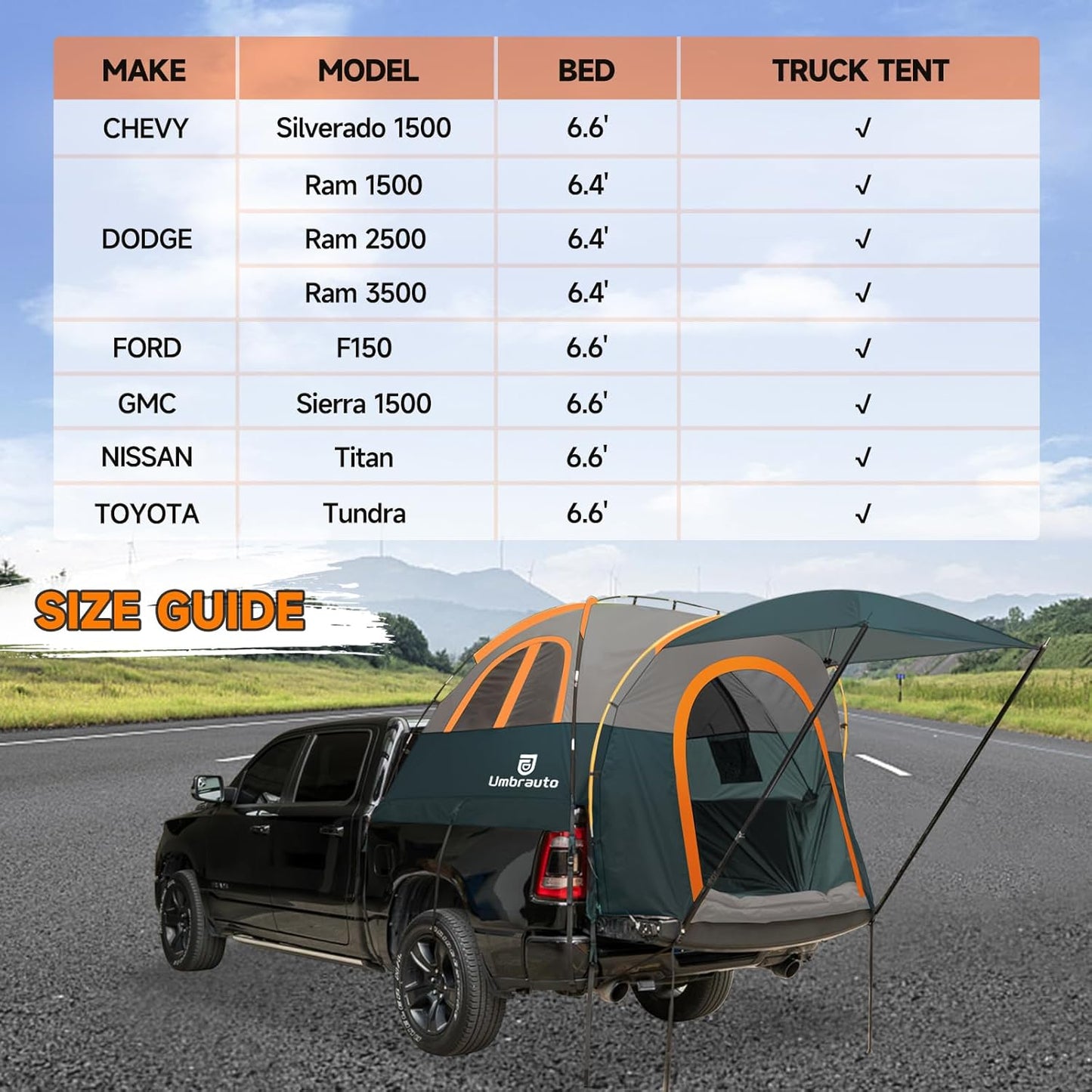 Umbrauto Truck Bed Tent with Awning — Fits 6.4–6.7 ft Truck Beds | PU3000mm Waterproof Pickup Tent