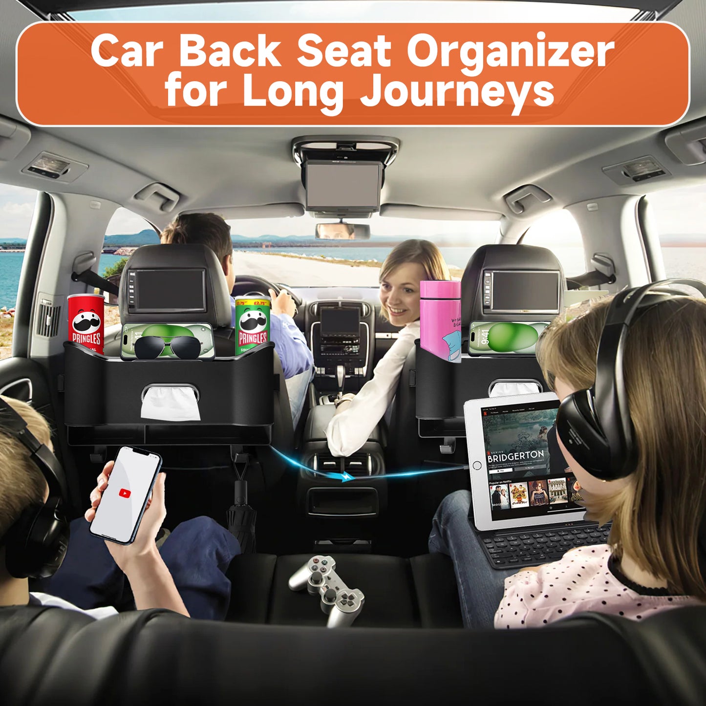 Car Seat Back Storage Box, Multifunctional Headrest Backseat Organizer with Tissue Box, Cup Holders, Hooks, Rear Seat Ideal for Kids and Travel
