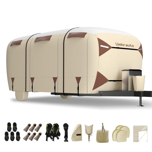 Umbrauto Delux Travel Trailer RV Cover Beige Upgraded Cooled Top Panel Camping Cover, Waterproof and Anti-UV Durable Toy Tractor Cover