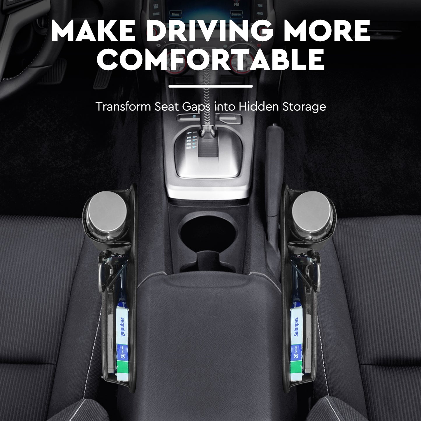 2 Pack Car Seat Gap Filler Organizer with Cup Holders - Universal Fit Leather Storage Box for Car,SUV,Truck -Prevent Items from Dropping, Holds Phone, Keys, Sunglasses (Black, Driver & Passenger)