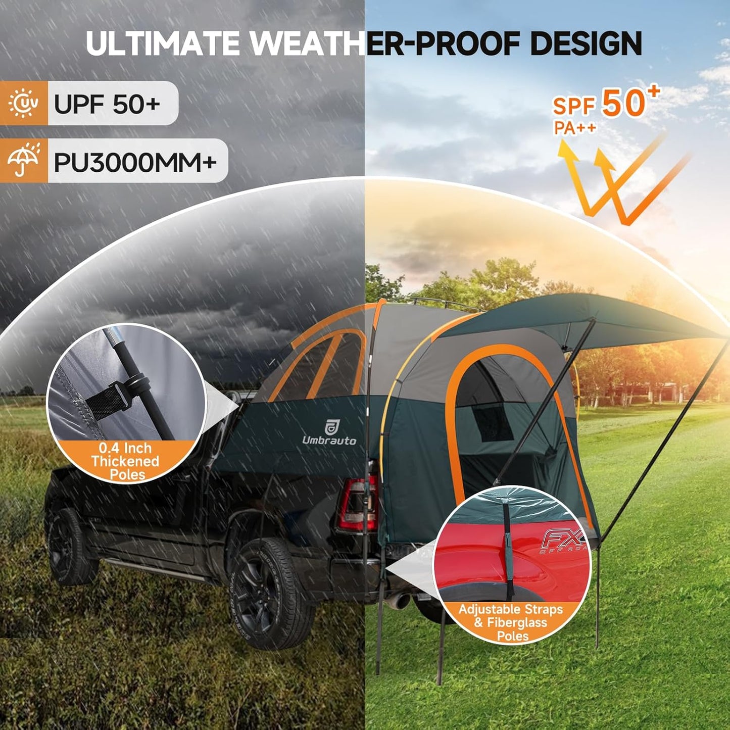 Umbrauto Truck Bed Tent with Awning — Fits 6.4–6.7 ft Truck Beds | PU3000mm Waterproof Pickup Tent