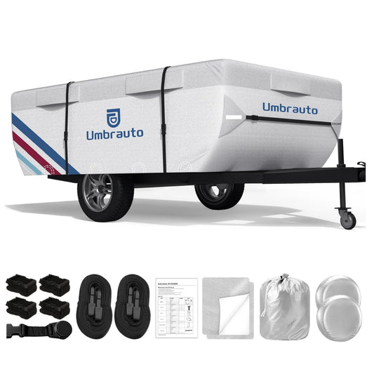 Umbrauto Pop Up Camper Cover, Folding Tent Trailers, 300D Silver Oxford, Waterproof, Windproof, Sun-Resistant, Tear-Resistant, Heavy-Duty RV Cover with Straps & Air Vents