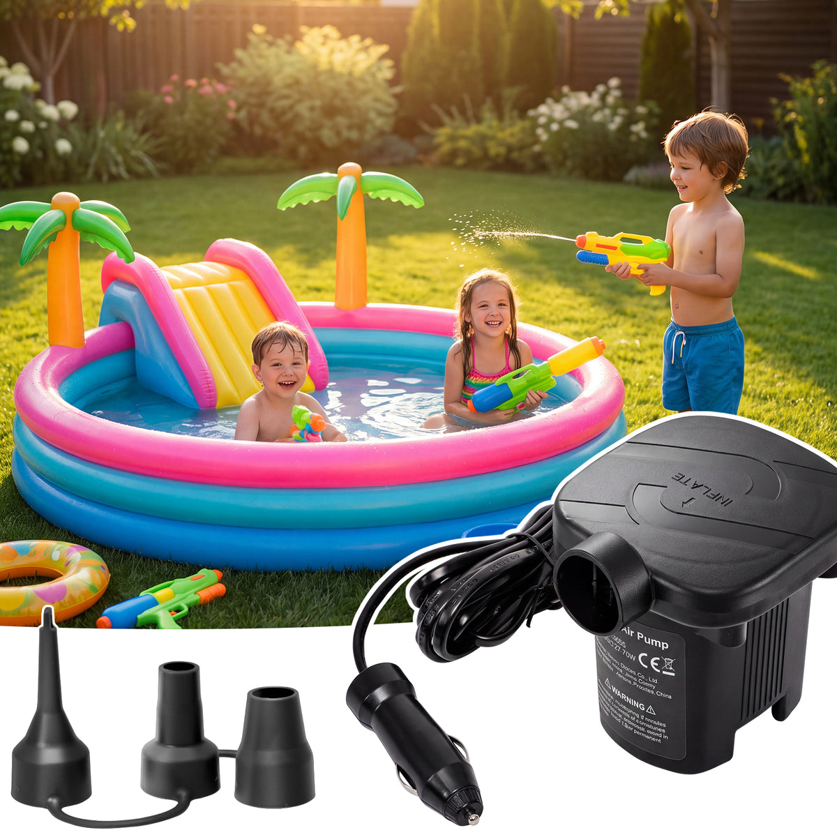 Electric Air Pump for Inflatables,Portable Quick-Fill Air Pump with 3 Nozzles,12V, Inflator & Deflator Pumps for Outdoor Camping, Air Mattress Beds,Boats,Inflatable Cushion,Couch,Pool Floats