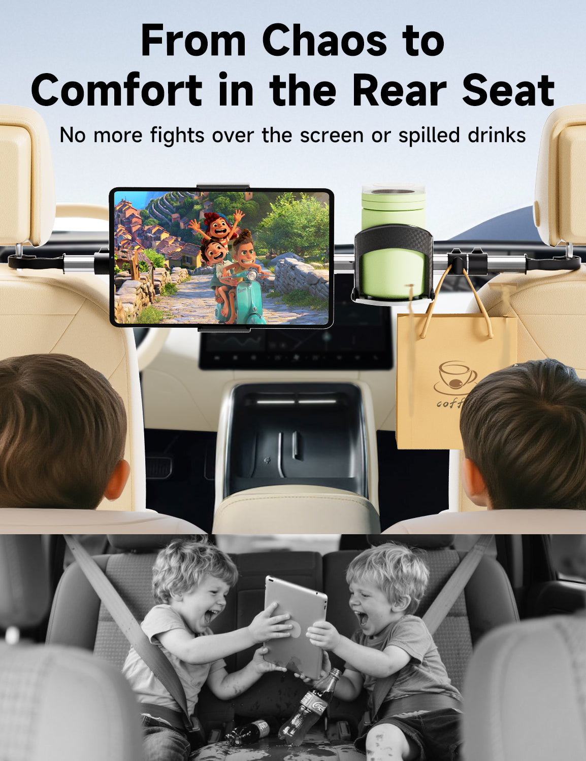 Upgraded Car Backseat Tablet Holder with Cup Mount – Headrest Stand for 6.1″–11″ iPad, Galaxy Tab & Kindle Fire