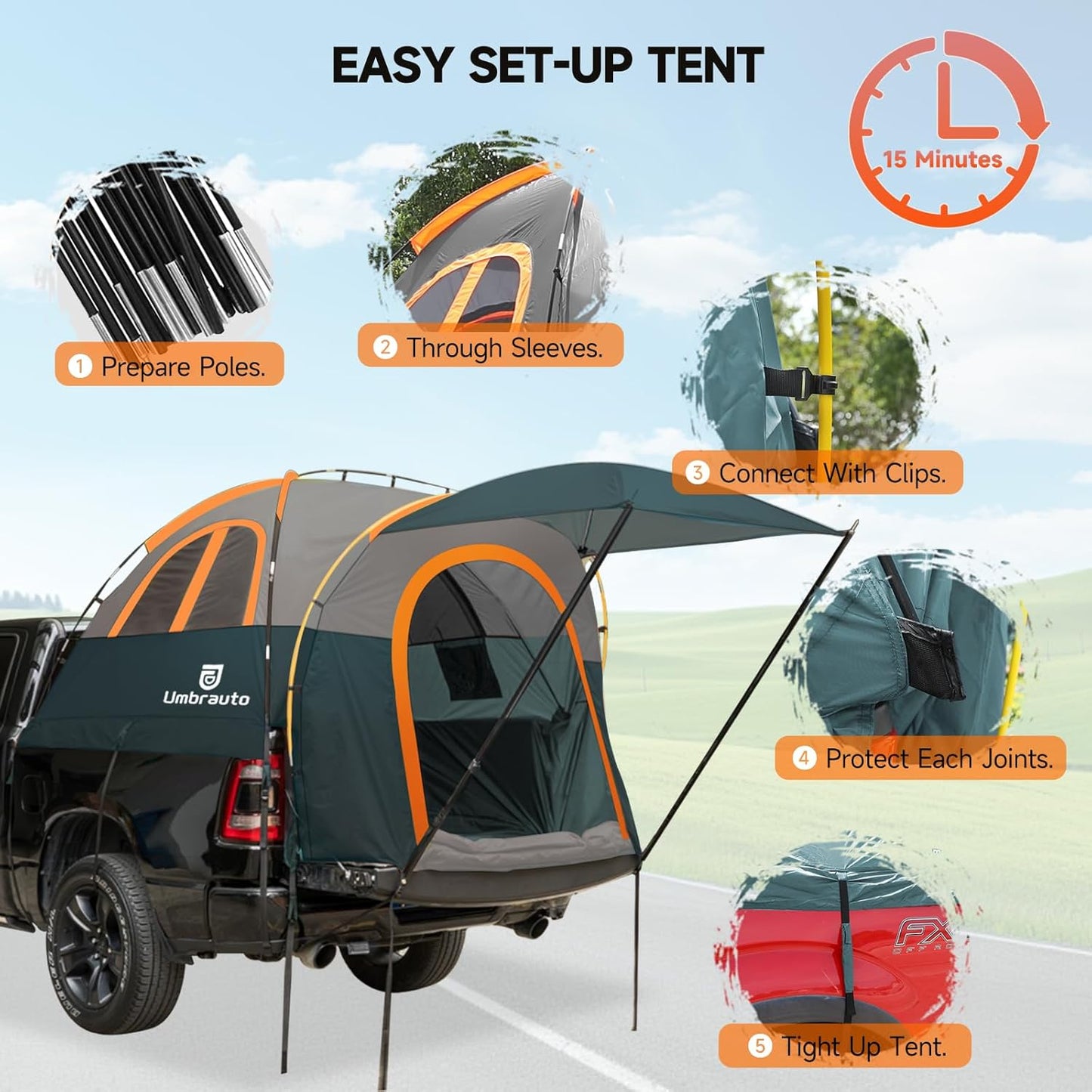 Umbrauto Truck Bed Tent with Awning — Fits 5.5–5.8 ft Truck Beds | PU3000mm Waterproof Pickup Tent