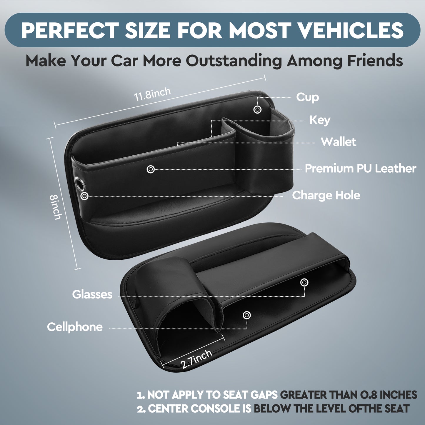 2 Pack Car Seat Gap Filler Organizer with Cup Holders - Universal Fit Leather Storage Box for Car,SUV,Truck -Prevent Items from Dropping, Holds Phone, Keys, Sunglasses (Black, Driver & Passenger)