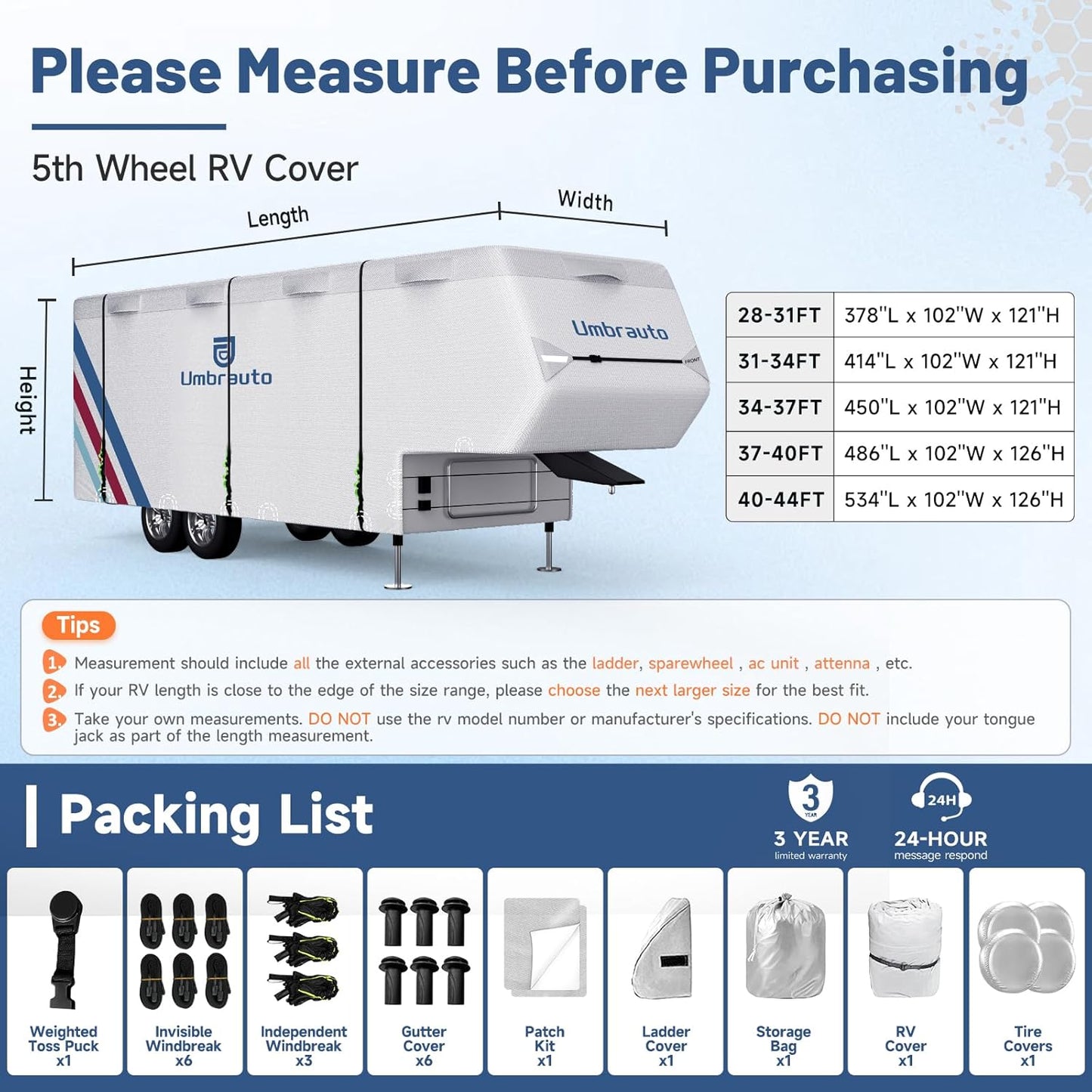 Umbrauto 5th Wheel RV Cover Upgraded 300D Waterproof Breathable Camper Covers