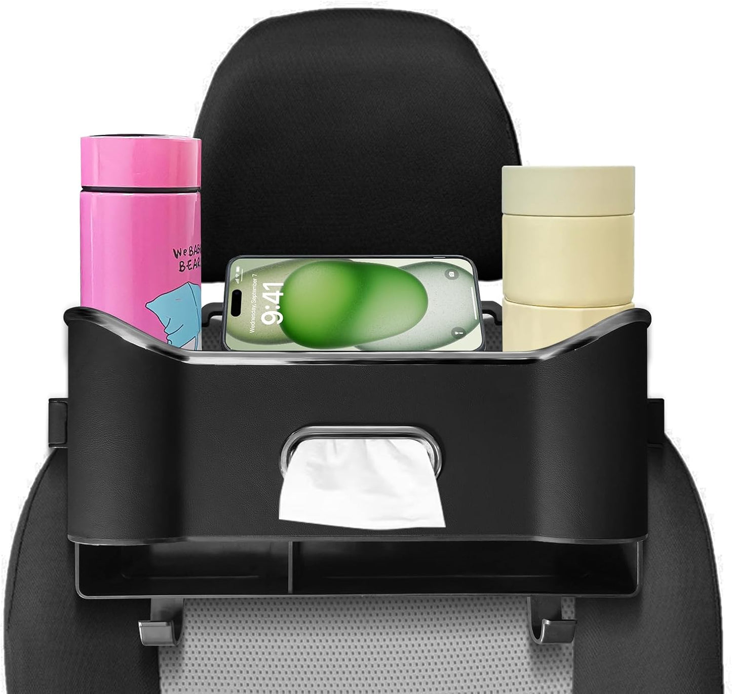 Car Seat Back Storage Box, Multifunctional Headrest Backseat Organizer with Tissue Box, Cup Holders, Hooks, Rear Seat Ideal for Kids and Travel