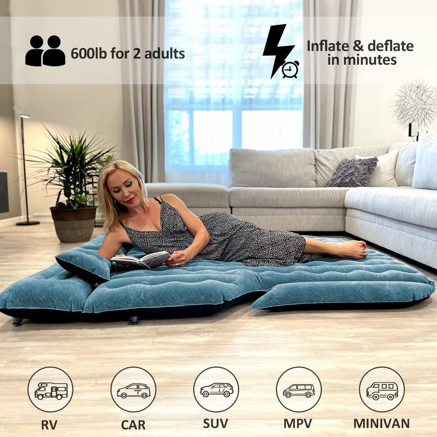 Umbrauto 63in Extended SUV Mattress — Quick Inflate, Includes Pump & 2 Pillows,Teal