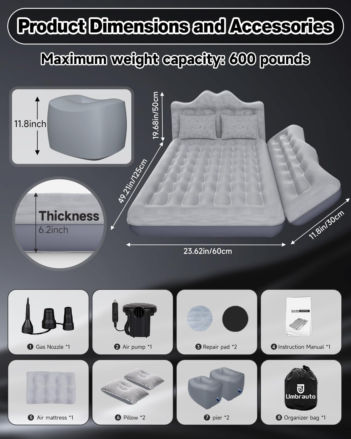 Umbrauto 23.62in/60cm Wide Inflatable Truck Mattress – Car & SUV Back Seat Camping Bed with Pump