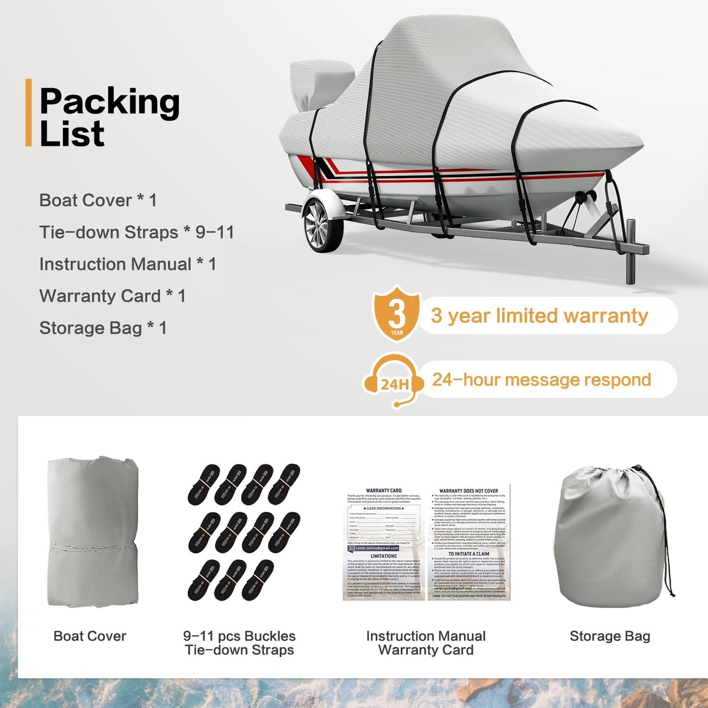 Center Console Boat Cover: 900D Waterproof Heavy Duty Boat Cover for CC Boat with Storage Bag, Marine Grade Oxford UV Resistant Canvas for Trailerable Boat