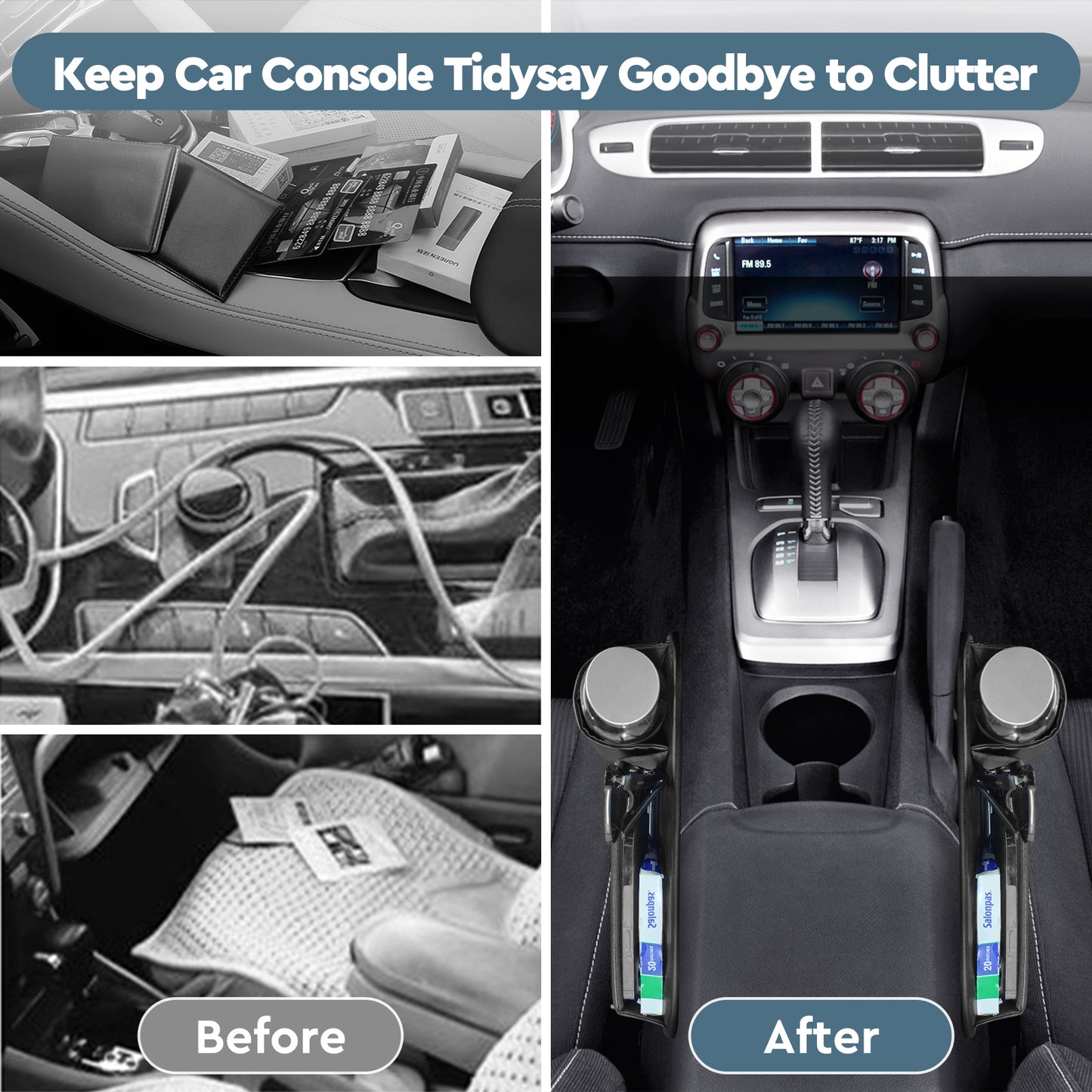 2 Pack Car Seat Gap Filler Organizer with Cup Holders - Universal Fit Leather Storage Box for Car,SUV,Truck -Prevent Items from Dropping, Holds Phone, Keys, Sunglasses (Black, Driver & Passenger)