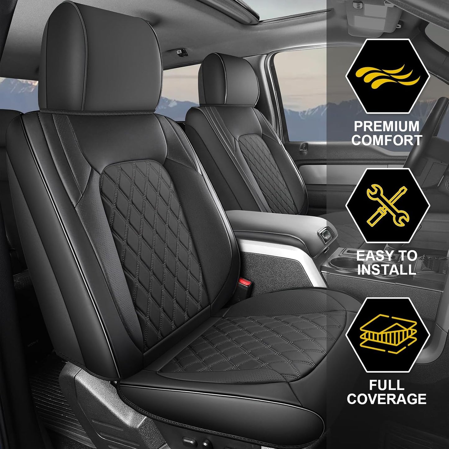 Umbrauto Front Seat Covers for Chevy Silverado/GMC Sierra 1500 2007-2026,Nappa Leather Seatcovers, 3D Laser-Scanned Custom Fit for 2500/3500HD 2007-2026, Waterproof, Full Coverage, Airbag Compatible,Black