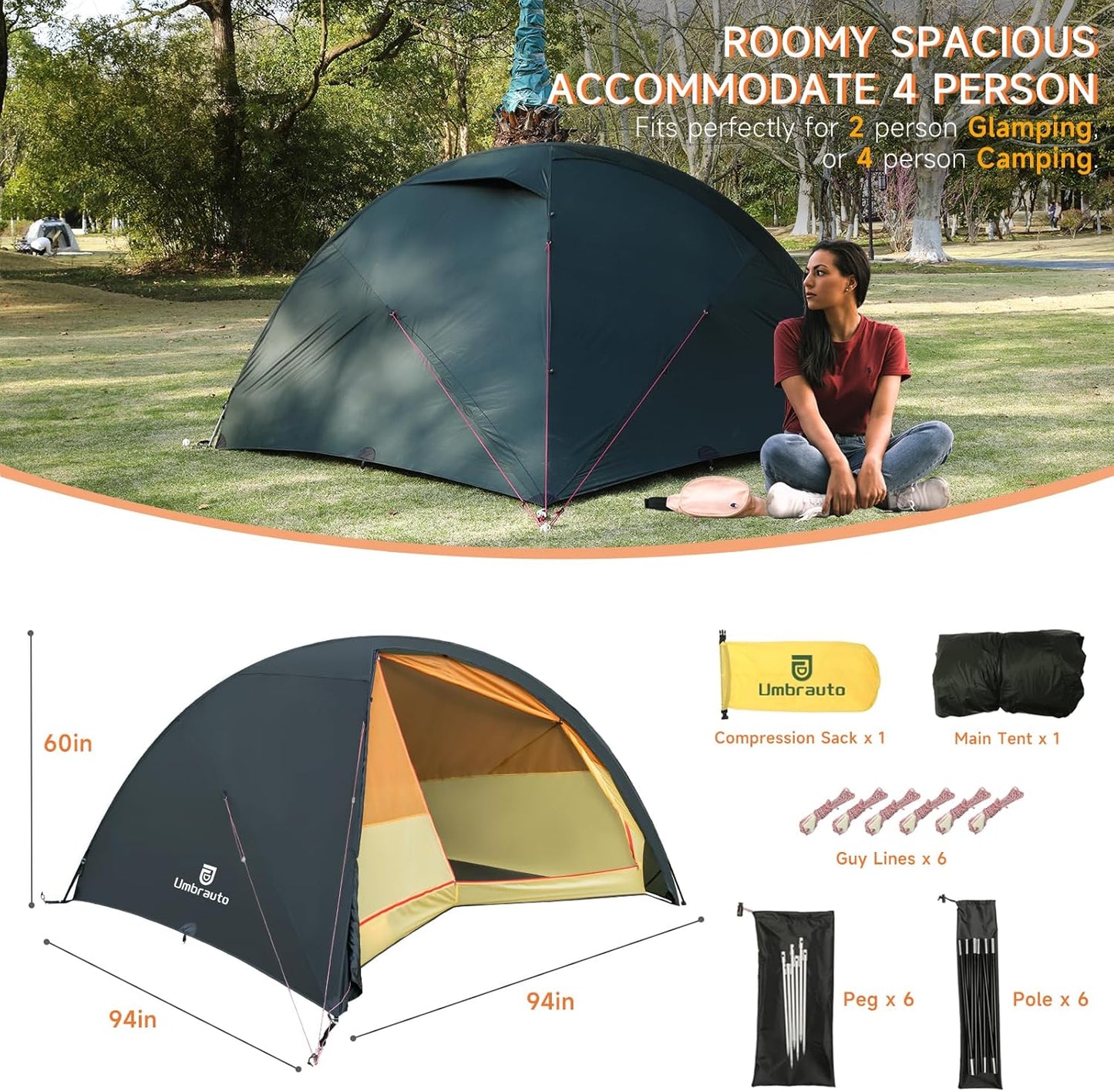 Umbrauto 4 Person Ultralight Camping Tent – Waterproof 3-Season Dome Tent for Hiking, Backpacking & Outdoor Adventure