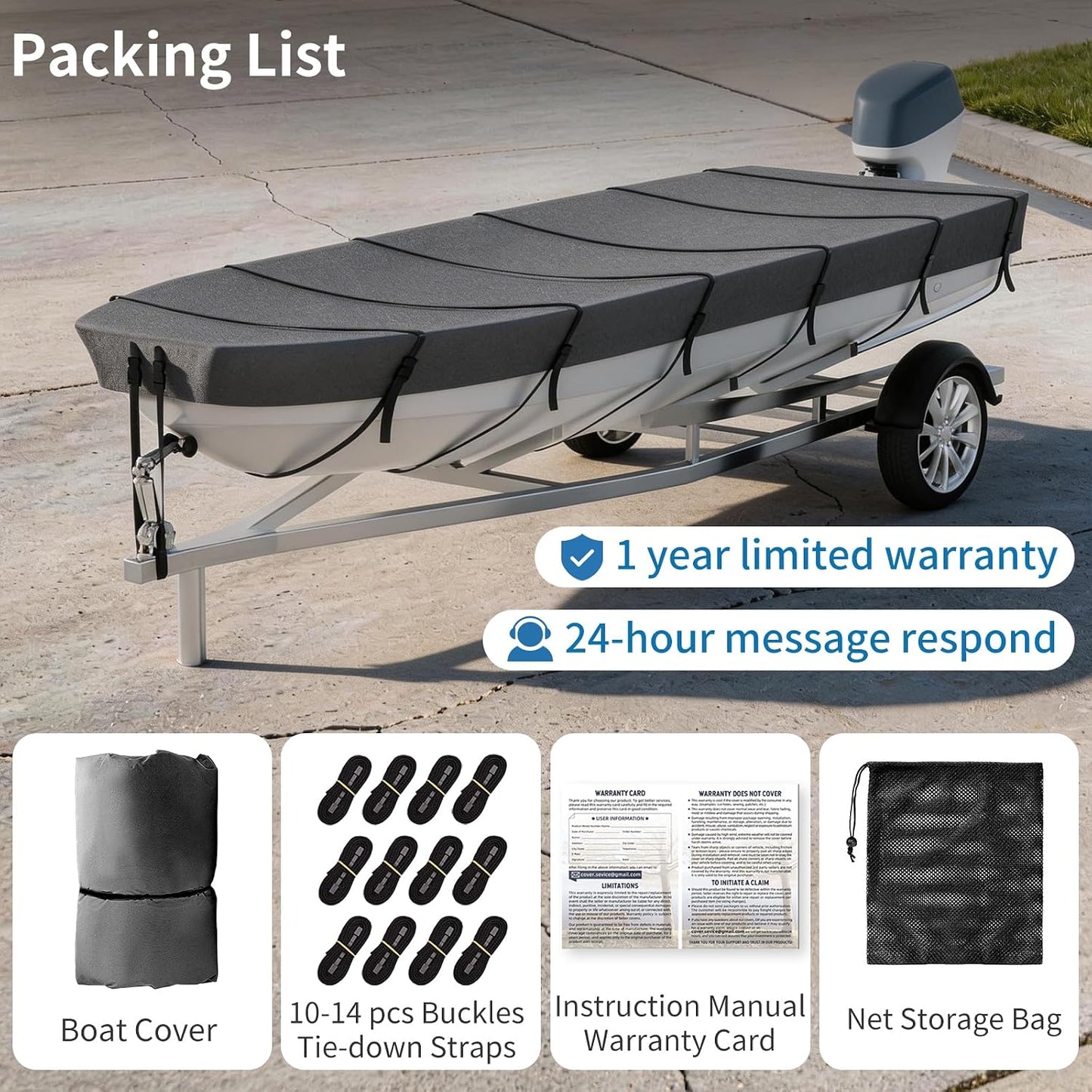 Jon Boat Cover ,1200D 5-Layer Waterproof Oxford Fabric,Heavy Duty UV Protection Fade and Tear Resistant Trailerable Mooring Cover, Marine Grade Reinforced Adjustable Side Straps