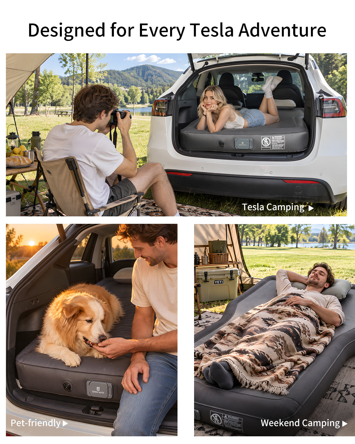 Umbrauto Custom Fit Air Mattress for Tesla Model Y/Juniper, 2026 Upgraded Drop-Stitch Tech with Built-in Pump Inflatable Camping Bed for Back Trunk, Soft Flocking Surface+Reinforced Bottom