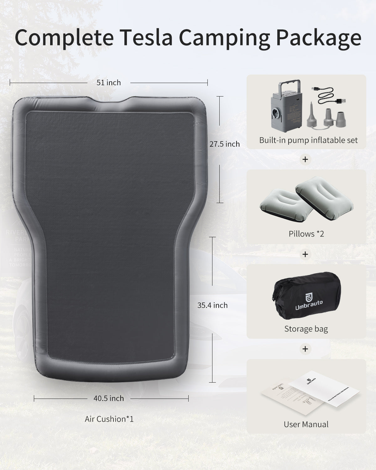 Umbrauto Custom Fit Air Mattress for Tesla Model Y/Juniper, 2026 Upgraded Drop-Stitch Tech with Built-in Pump Inflatable Camping Bed for Back Trunk, Soft Flocking Surface+Reinforced Bottom