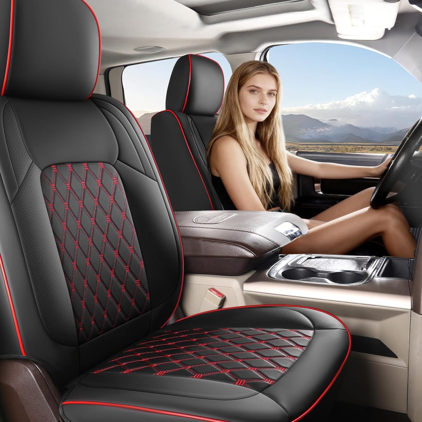 Housses de siège sur mesure compatibles avec Dodge Ram 1500 2500 3500, housses de siège de camion Ram en cuir de luxe à couverture complète 2009-2025 compatibles avec Crew Cab Double Quad Regular (ensemble complet (avant plat/arrière incurvé))
