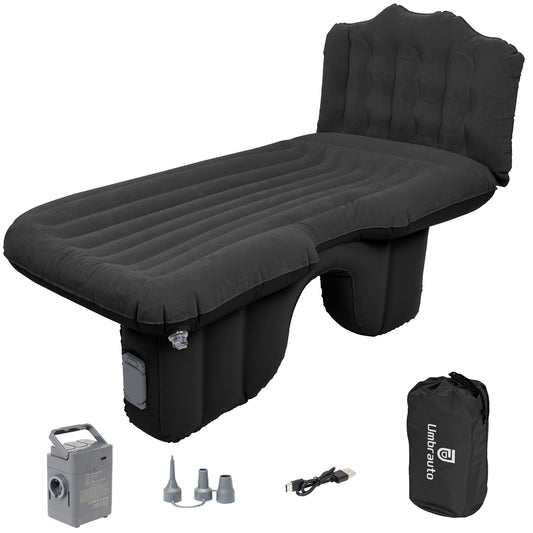 Umbrauto Back Seat Car Air Mattress with Built-in Rechargeable Pump: Cordless Inflatable Car Bed for Rear Seat Camping, 1-Click Fast Setup Thickened Flocking Sleeping Pad for Sedan, Truck & SUV