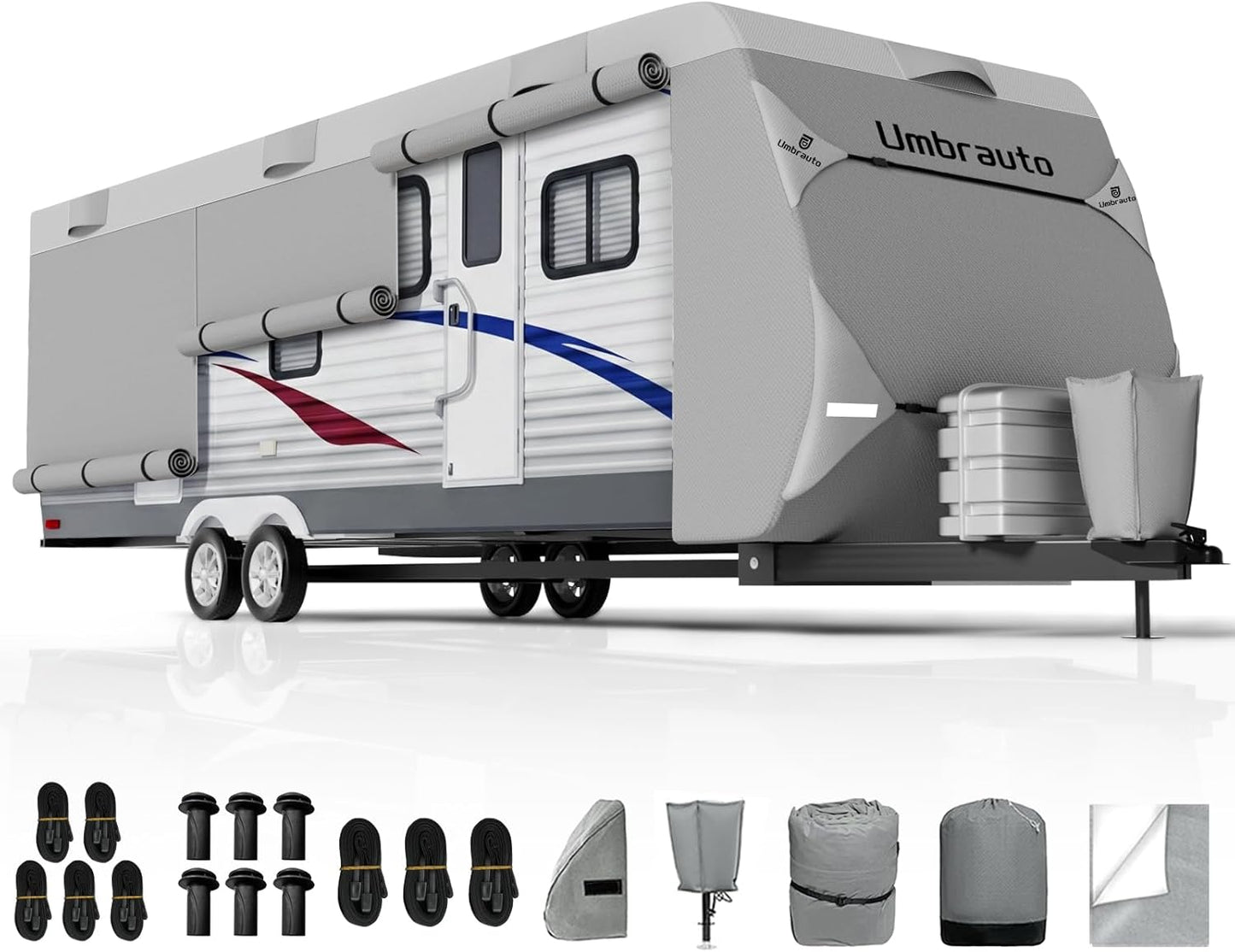 Umbrauto RV Cover Lightweight Travel Trailer Cover, Waterproof Camper Cover for Toy Hauler, Winter Campsite, with Tongue Jack Cover, Extra Windproof Ropes, Gutter Covers