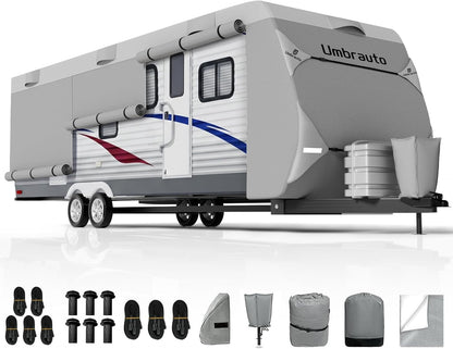 Umbrauto RV Cover Lightweight Travel Trailer Cover, Waterproof Camper Cover for Toy Hauler, Winter Campsite, with Tongue Jack Cover, Extra Windproof Ropes, Gutter Covers