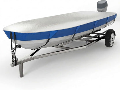 Jon Boat Cover 600D Solution-Dyed Oxford Fabric Heavy Duty Trailerable Jon Boat Cover Waterproof UV Resistant Marine Grade Reinforced Adjustable Side Straps, Blue & Silver