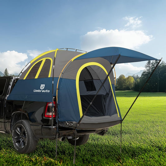 Truck Bed Tent with Awning: 5.0' ~ 5.2' PU3000mm Waterproof Tailgate Pickup Truck Tents, Easy Set-up for 2 Person, Fits Full Size Short Bed, Chevy, Dodge, Ford, GMC