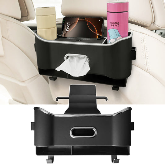 Car Seat Back Storage Box, Multifunctional Headrest Backseat Organizer with Tissue Box, Cup Holders, Hooks, Rear Seat Ideal for Kids and Travel