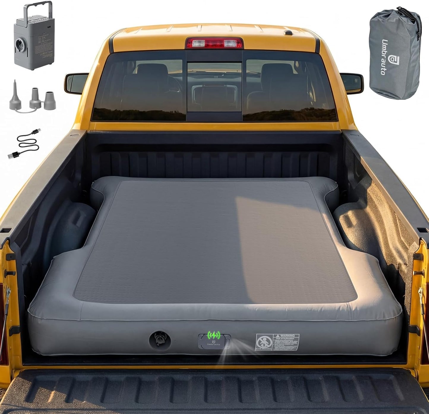 Matelas pneumatique Umbrauto Premium Drop-Stitch pour lit court de camion de 6,0 à 6,5 pieds, pompe sans fil rechargeable, matelas de couchage ferme et étanche, résistant à l'affaissement, pour tente de camion et camping