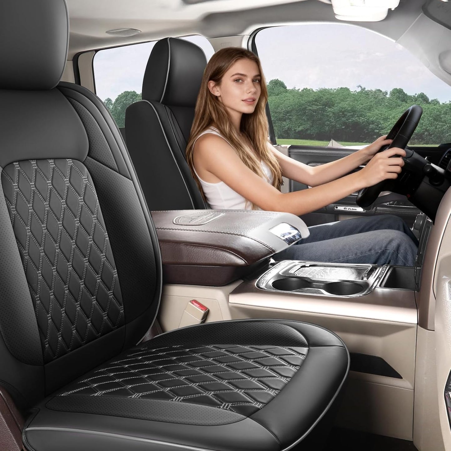 Housses de siège sur mesure compatibles avec Dodge Ram 1500 2500 3500, housses de siège de camion Ram en cuir de luxe à couverture complète 2009-2025 compatibles avec Crew Cab Double Quad Regular (ensemble complet (avant plat/arrière incurvé))