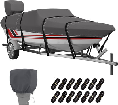 Umbrauto V-Hull Boat Cover, 600D Solution-Dyed Oxford 100% Waterproof, Heavy Duty Bass Boat Cover for Trailerable Fishing Boat, Beam Width 90"