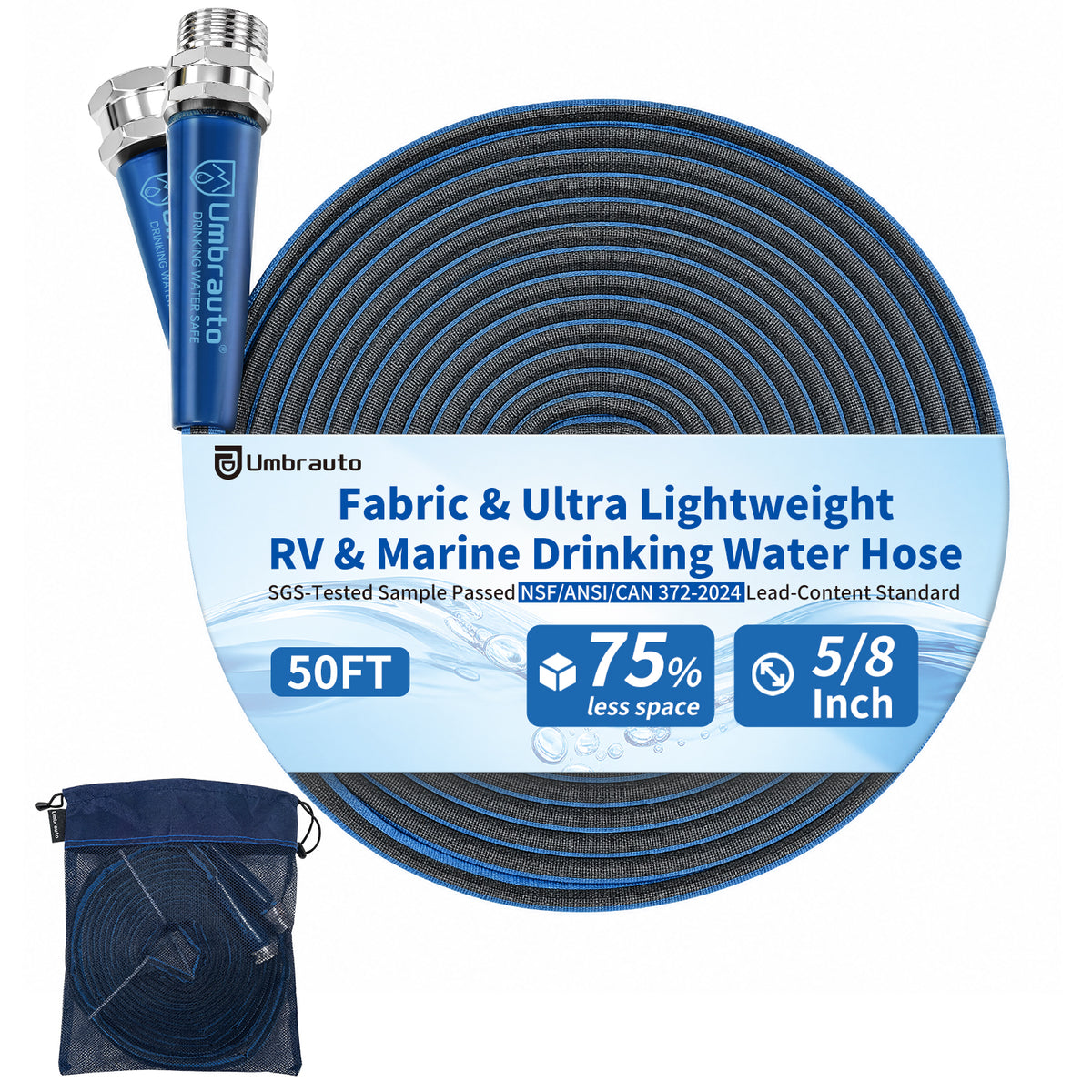 RV Water Hose, Potable Food Grade, Safe & Lead-Free, Lightweight Hose Collapsible Double Layer with Storage Bag. 3/4 inch Aluminum Fittings for RV Camping，No BPA & No Phthalate，60-120PSI
