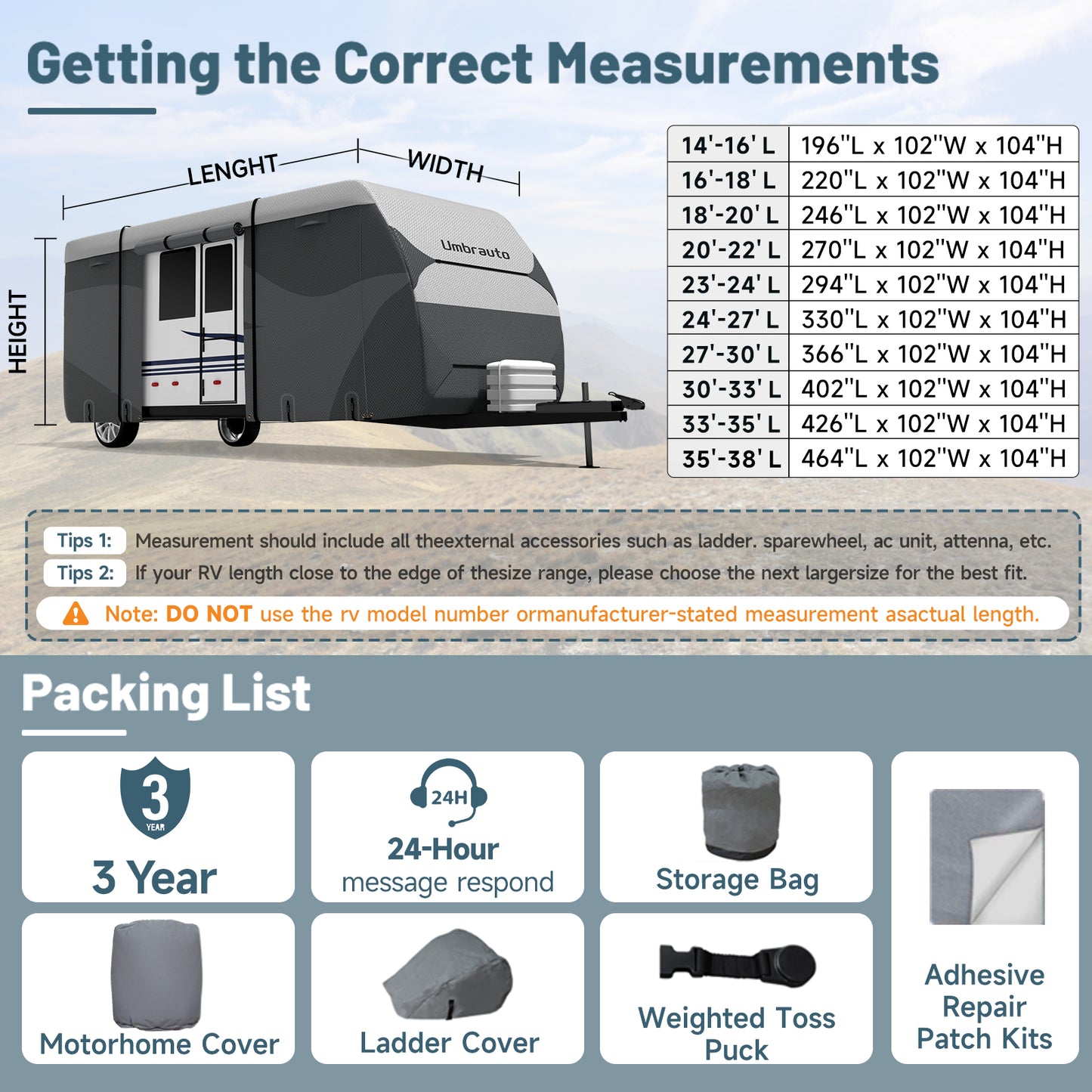 Umbrauto DuPont Tyvek Travel Trailer RV Cover, Waterproof & Ripstop Camper Cover with 4-Layer Sides, Sun and Snow Protection, Extra Windproof Ropes, Fits Toy Hauler