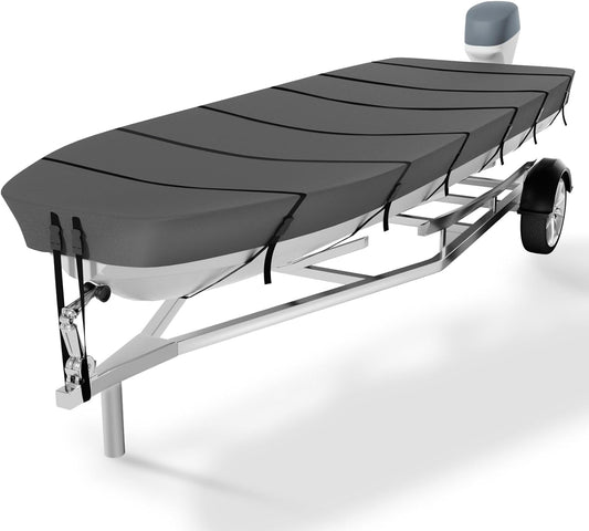 Jon Boat Cover ,1200D 5-Layer Waterproof Oxford Fabric,Heavy Duty UV Protection Fade and Tear Resistant Trailerable Mooring Cover, Marine Grade Reinforced Adjustable Side Straps