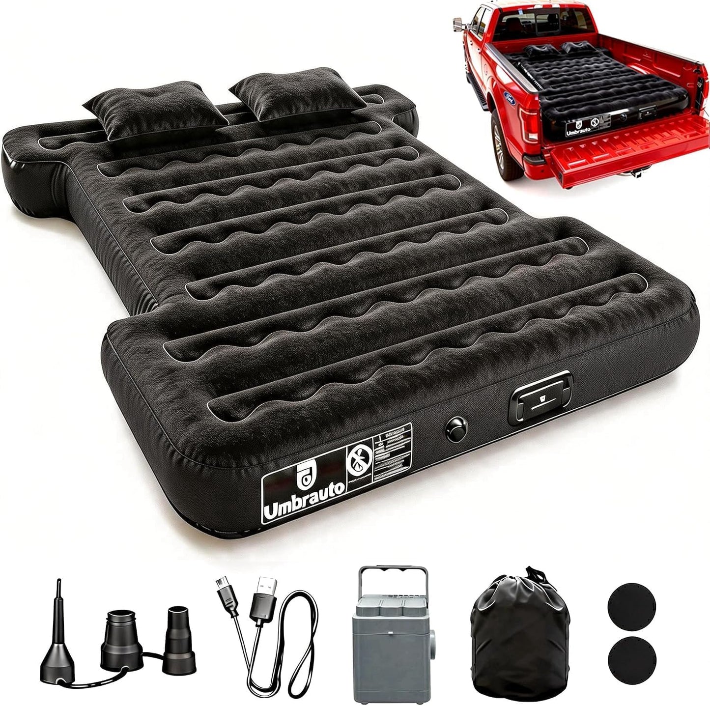 Umbrauto Built-in Pump Air Mattress for 6-6.5ft Truck Bed, Inflatable Full-Size Pickup Airbed for Ford F150/250/350, Chevy Silverado, GMC Sierra, Dodge Ram, Toyota Tundra, Nissan Titan Outdoor Camping