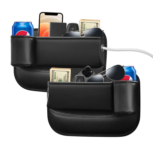 2 Pack Car Seat Gap Filler Organizer with Cup Holders - Universal Fit Leather Storage Box for Car,SUV,Truck -Prevent Items from Dropping, Holds Phone, Keys, Sunglasses (Black, Driver & Passenger)