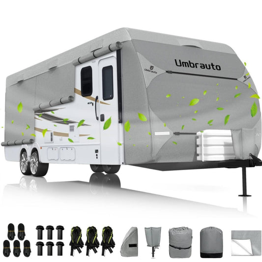 Umbrauto Bi-component Hi-tech Fabric RV Cover,Travel Trailer Cover, Waterproof Camper Cover, Toy Hauler Cover with Tongue Jack Cover, Extra Windproof Ropes, Gutter Covers