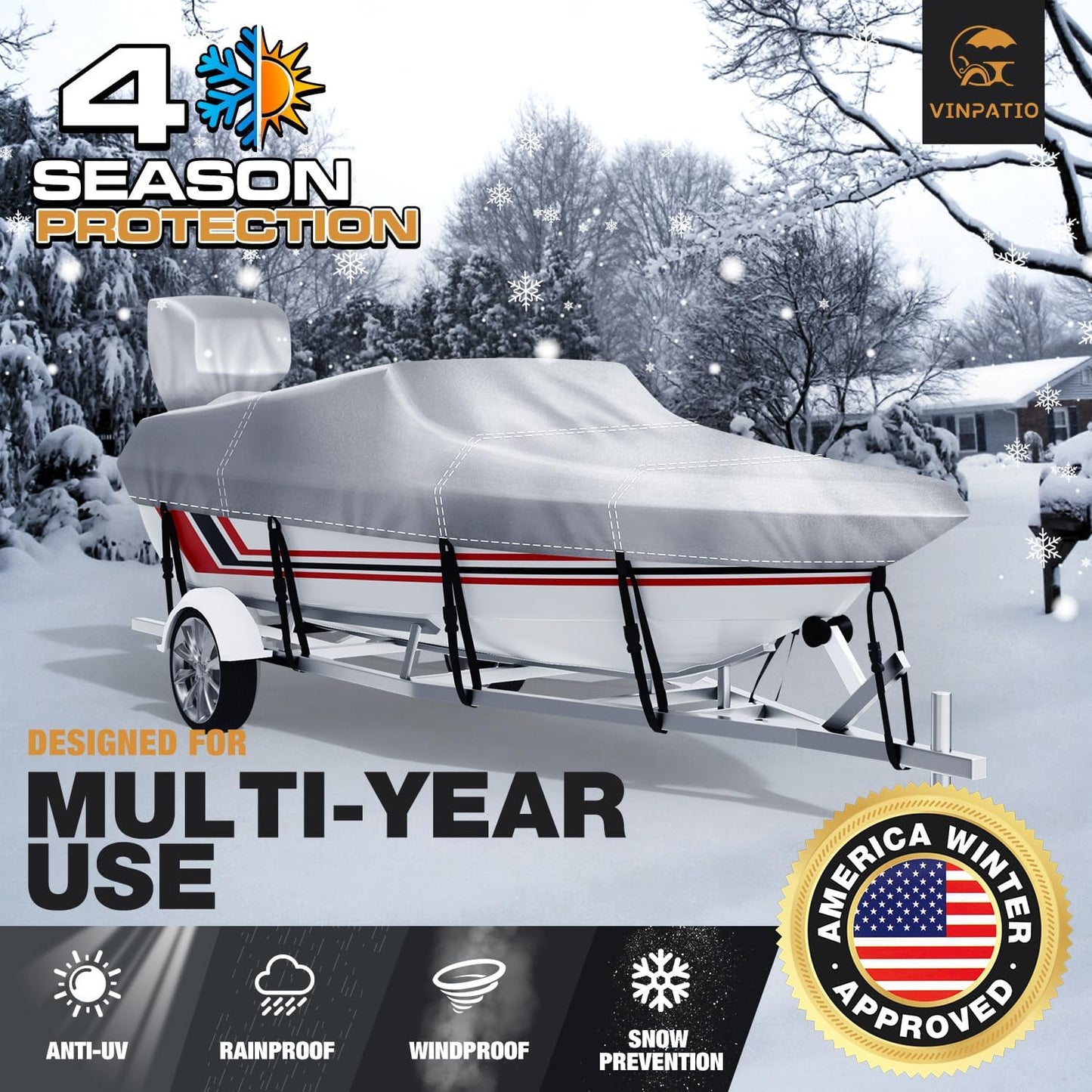 Boat Cover with Motor Cover,  100% Waterproof Boat Covers Bass Boat Cover Fits V-Hull Runabout Fishing Ski Pro-Style Bass Boats