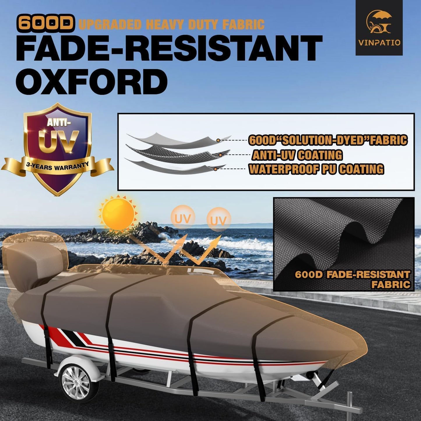 Umbrauto V-Hull Boat Cover, 600D Solution-Dyed Oxford 100% Waterproof, Heavy Duty Bass Boat Cover for Trailerable Fishing Boat, Beam Width 90"
