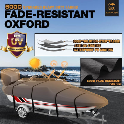 Umbrauto V-Hull Boat Cover, 600D Solution-Dyed Oxford 100% Waterproof, Heavy Duty Bass Boat Cover for Trailerable Fishing Boat, Beam Width 90"