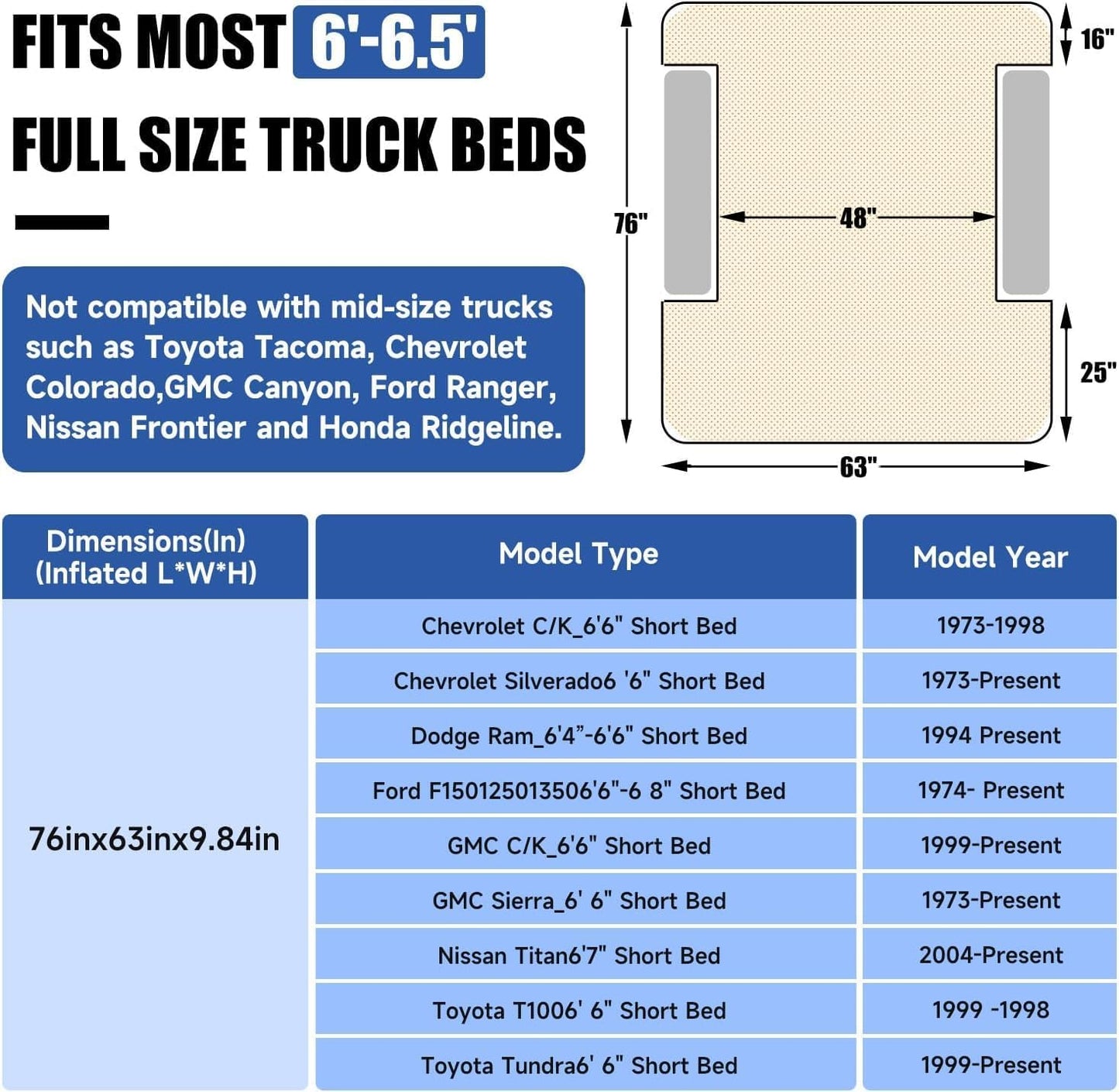 Umbrauto Built-in Pump Air Mattress for 6-6.5ft Truck Bed, Inflatable Full-Size Pickup Airbed for Ford F150/250/350, Chevy Silverado, GMC Sierra, Dodge Ram, Toyota Tundra, Nissan Titan Outdoor Camping